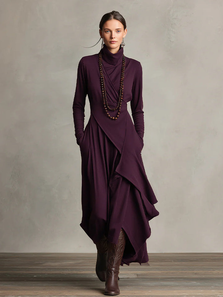 Boho Maxi Dress Women Turtleneck Asymmetric Draped Maxi Dress
