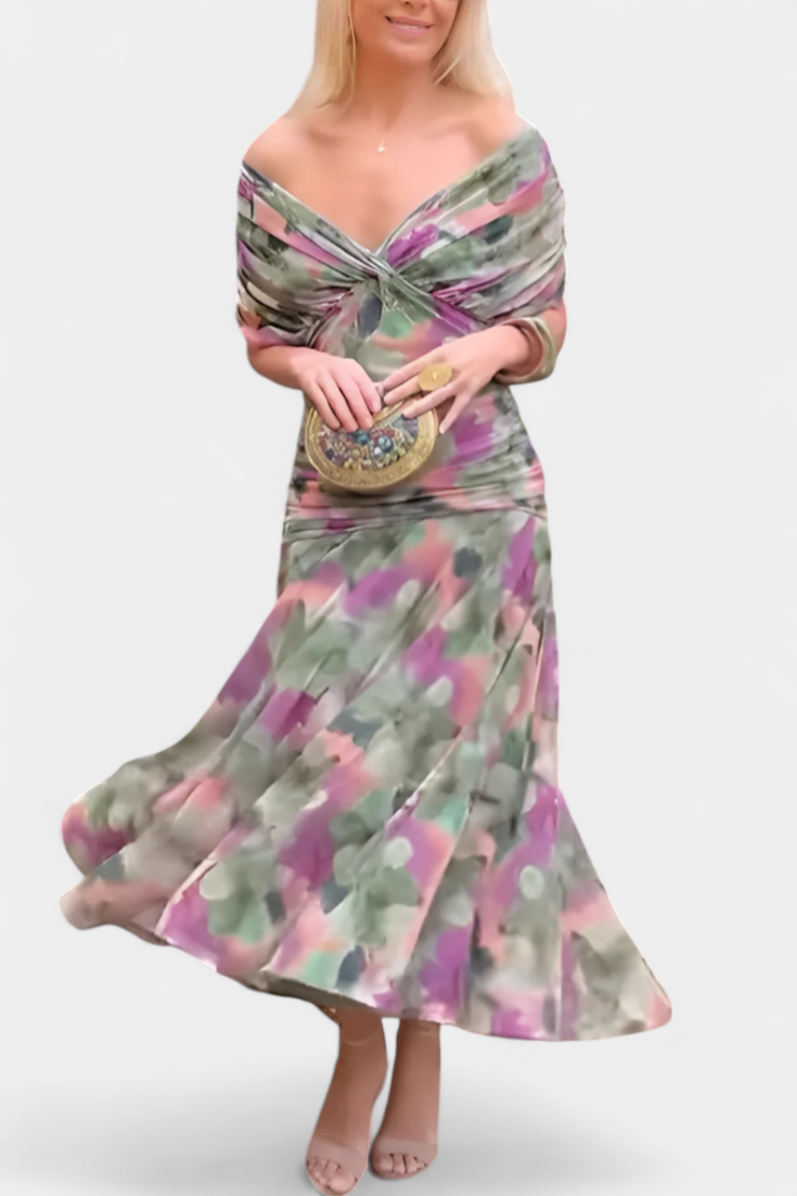 Floral Maxi Dress Women V-Neck Pleated Waist Elegant