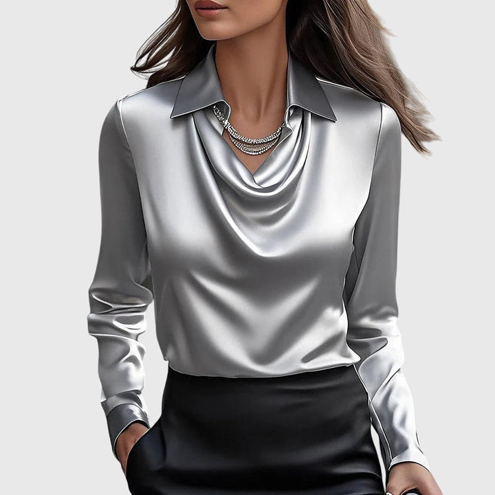 Satin Blouse Women Pleated Neck Flowing Elegant Chic