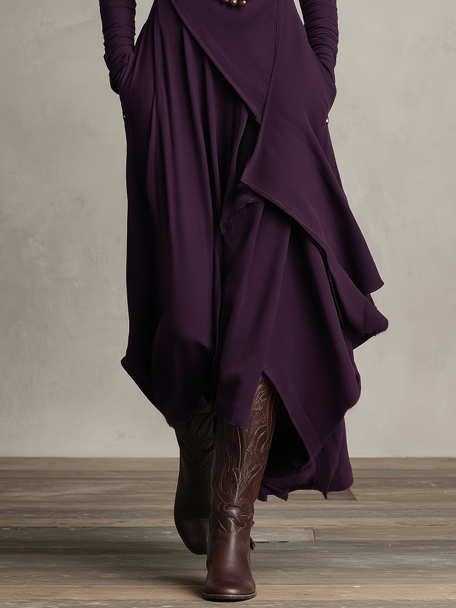 Boho Maxi Dress Women Turtleneck Asymmetric Draped Maxi Dress