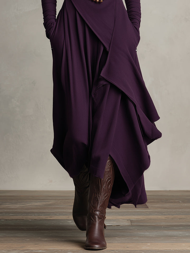 Boho Maxi Dress Women Turtleneck Asymmetric Draped Maxi Dress