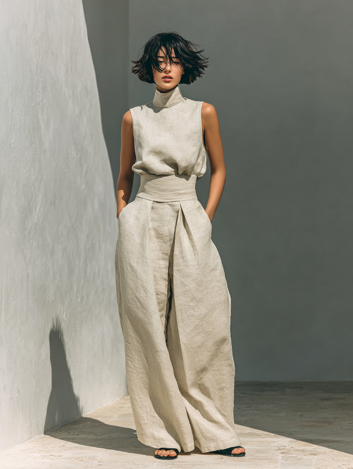 Linen Two-Piece Set Women Sleeveless Blouse Wide Leg