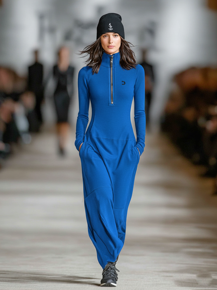 Sporty Maxi Dress Women Zipper Collar Loose Cotton