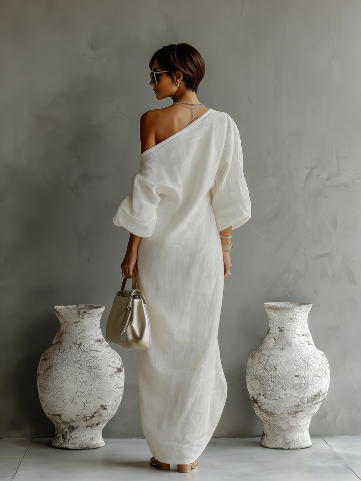 One Shoulder Maxi Dress Women Linen Ivory Elegant