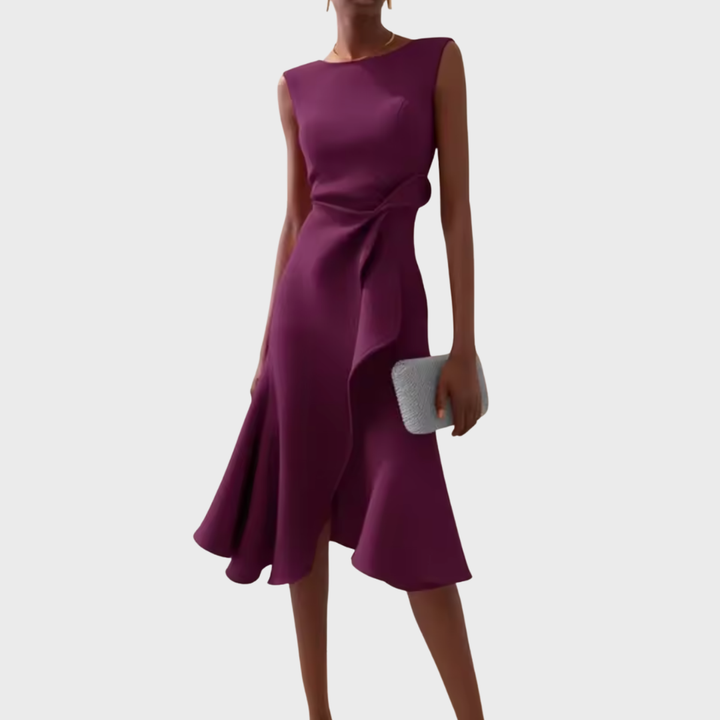 A-Line Midi Dress Women Boat Neck Ruffle Asymmetric Sleeveless