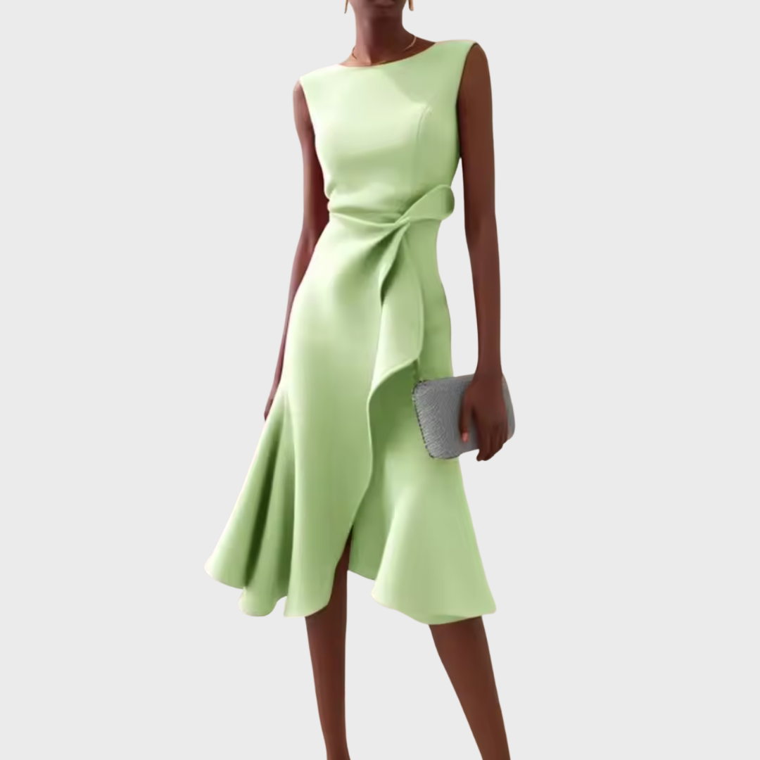 A-Line Midi Dress Women Boat Neck Ruffle Asymmetric Sleeveless
