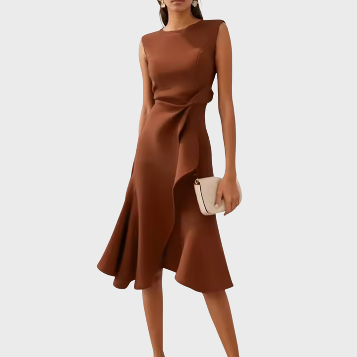 A-Line Midi Dress Women Boat Neck Ruffle Asymmetric Sleeveless