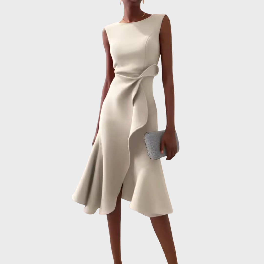 A-Line Midi Dress Women Boat Neck Ruffle Asymmetric Sleeveless