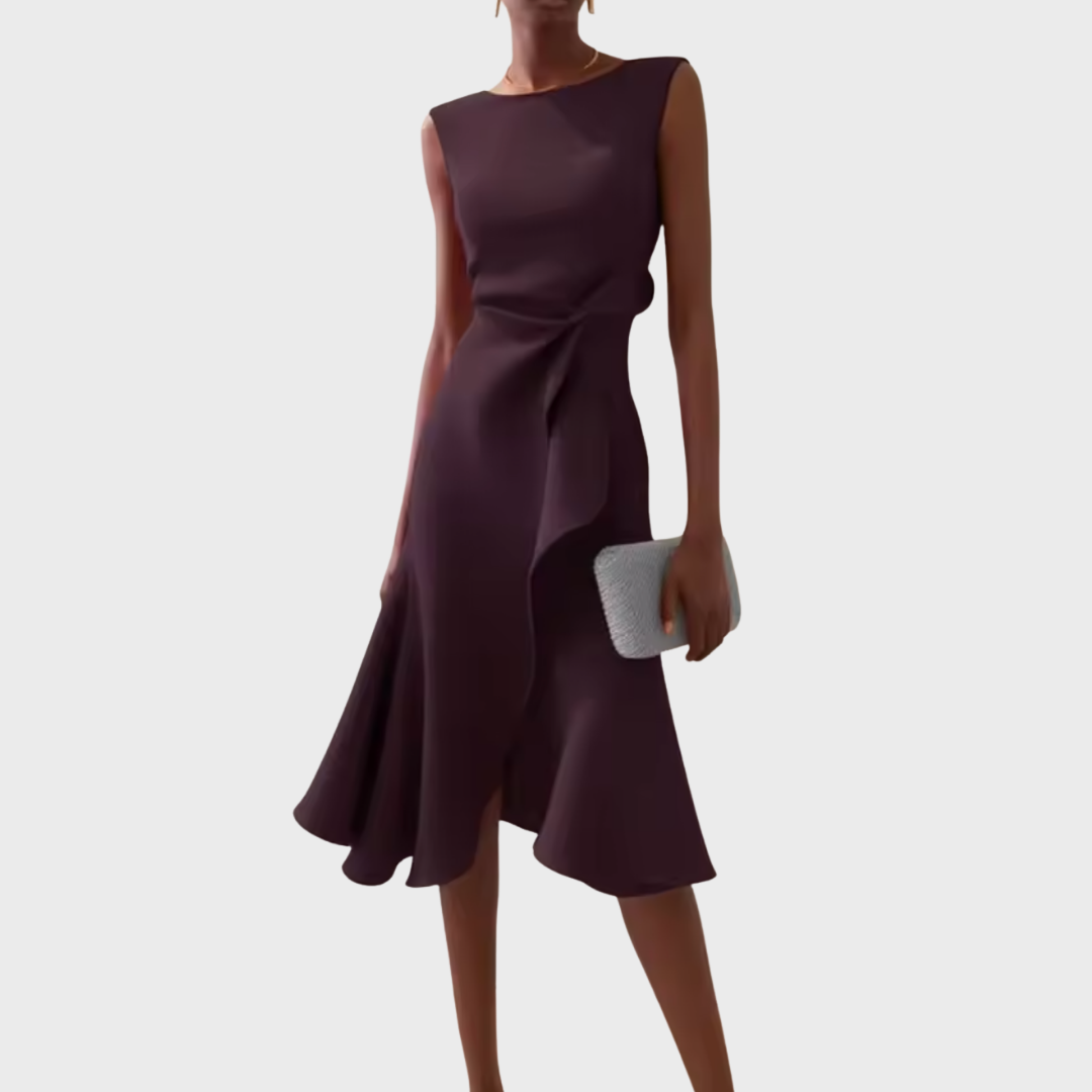 A-Line Midi Dress Women Boat Neck Ruffle Asymmetric Sleeveless
