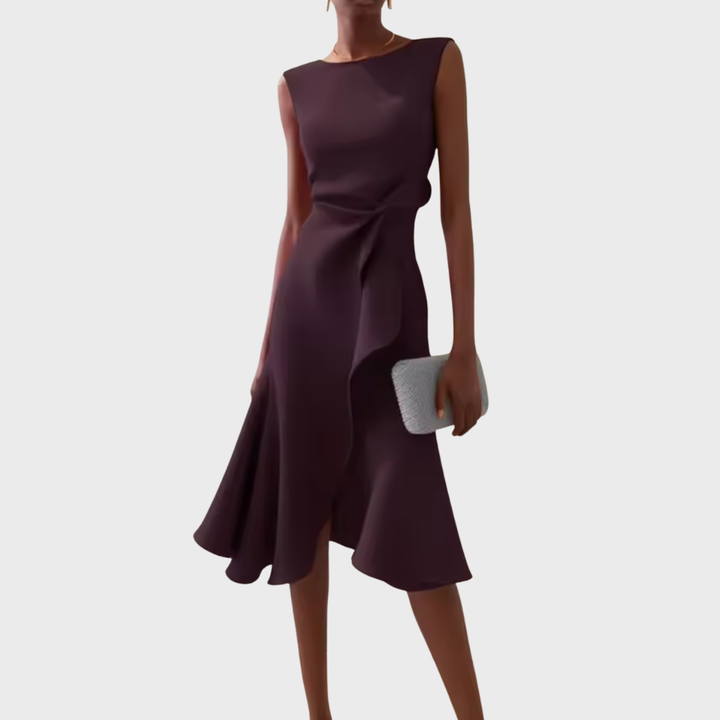 A-Line Midi Dress Women Boat Neck Ruffle Asymmetric Sleeveless