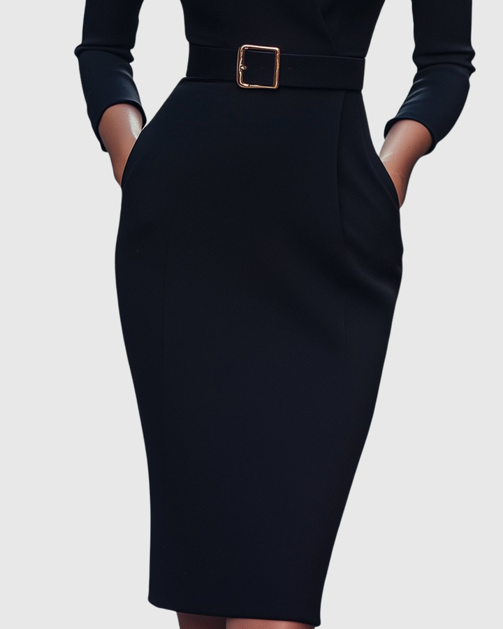 Pencil Midi Dress Women Belted Mock Wrap Pockets