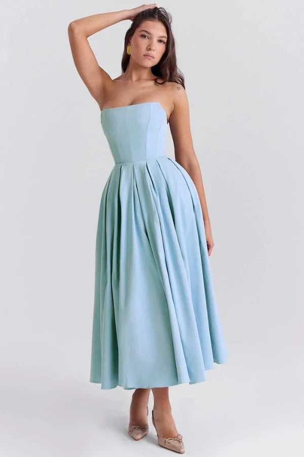 Strapless Corset Midi Dress Pleated Skirt