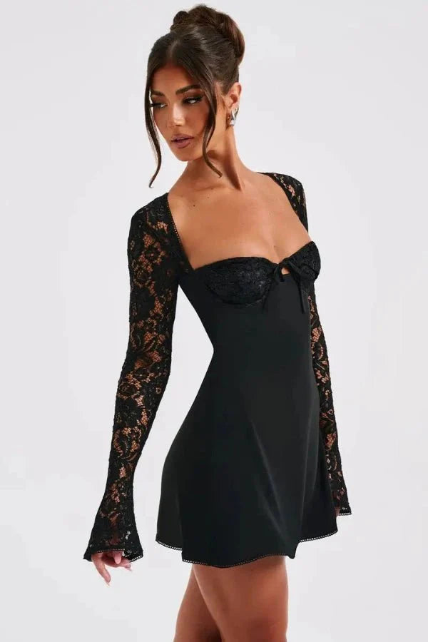 Lace Bodycon Mini Dress Flared Sleeve Women