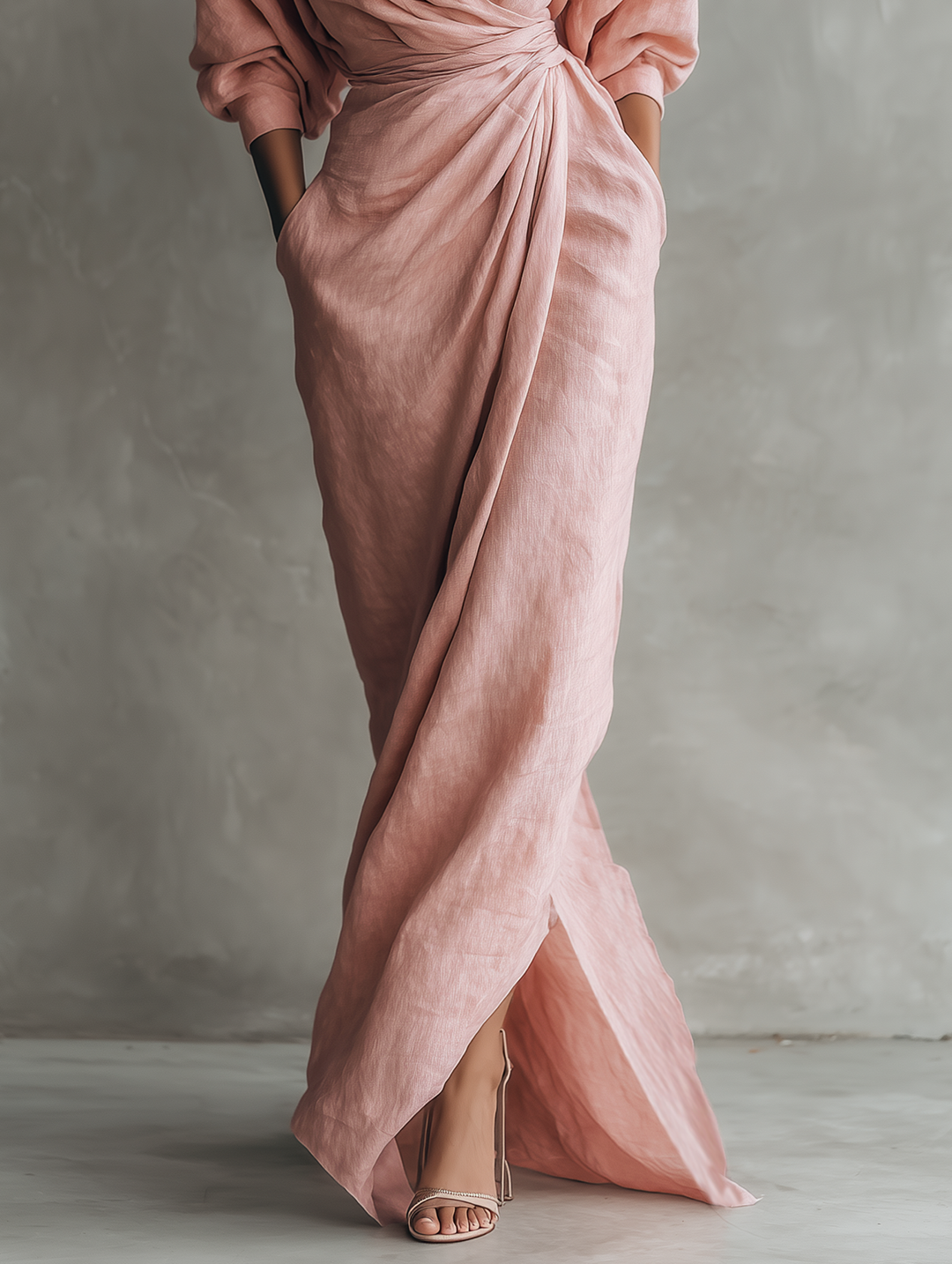 Linen Maxi Dress Women V-Neck Relaxed Pink Summer