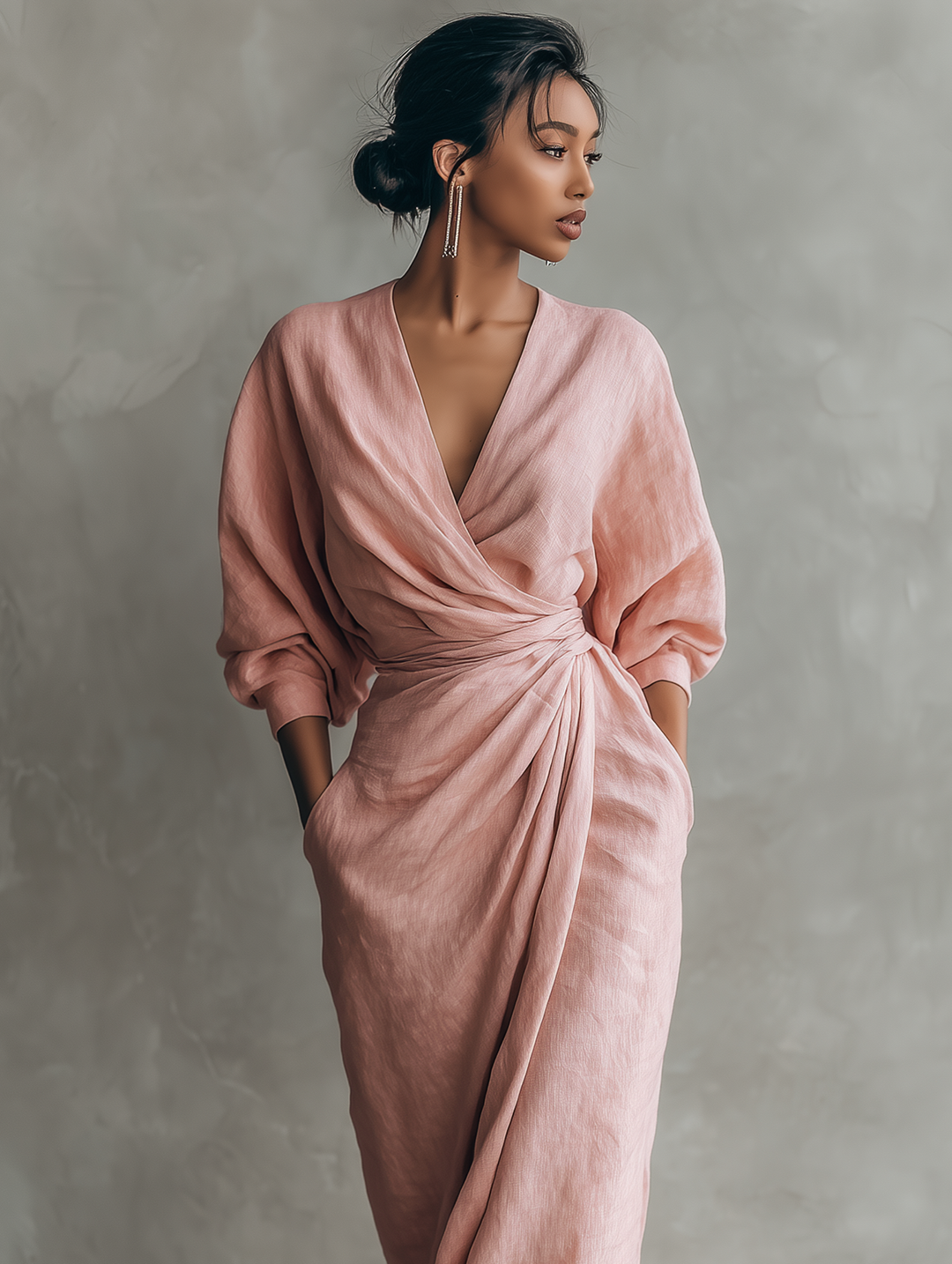 Linen Maxi Dress Women V-Neck Relaxed Pink Summer