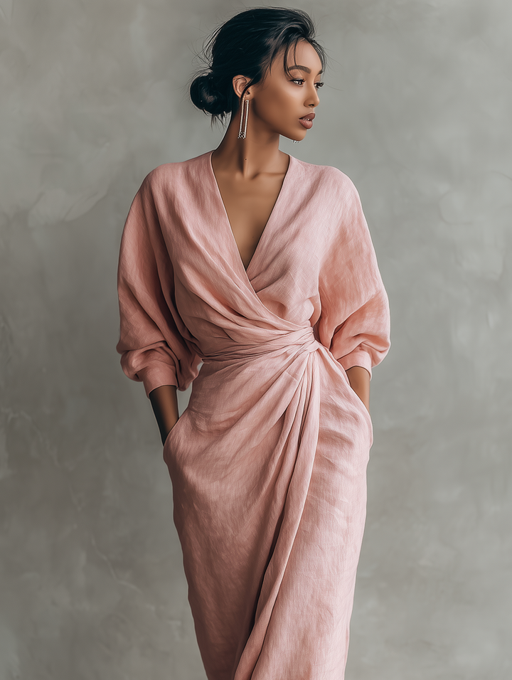 Linen Maxi Dress Women V-Neck Relaxed Pink Summer
