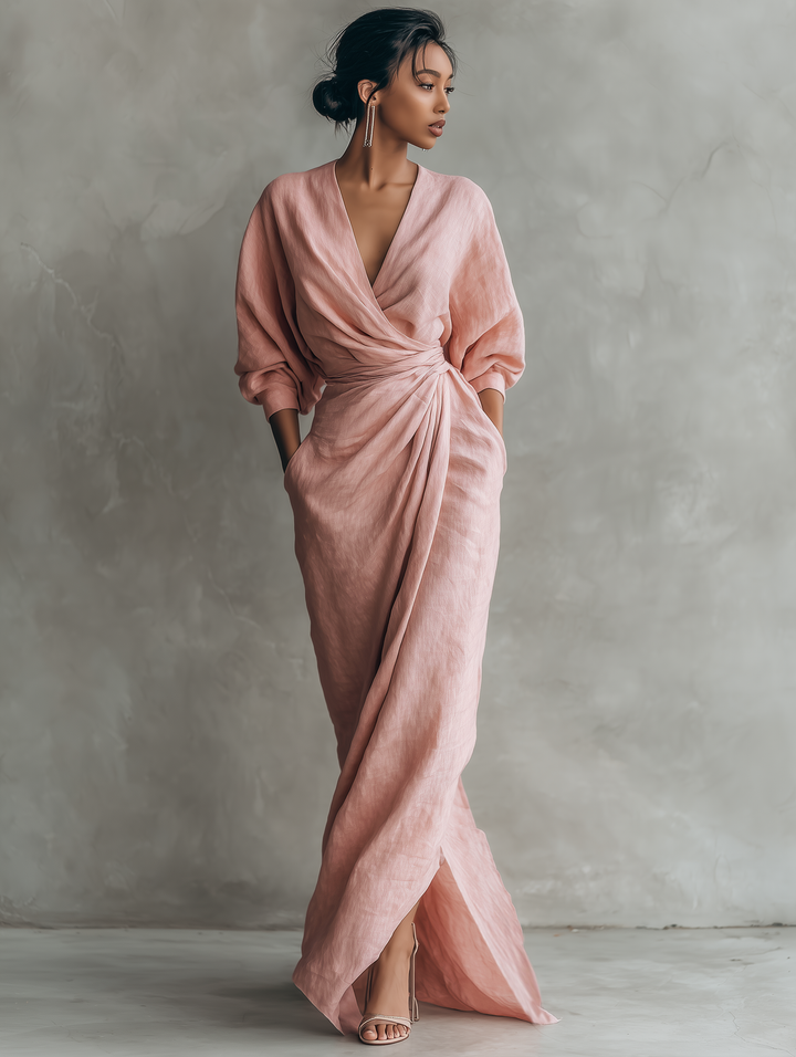 Linen Maxi Dress Women V-Neck Relaxed Pink Summer