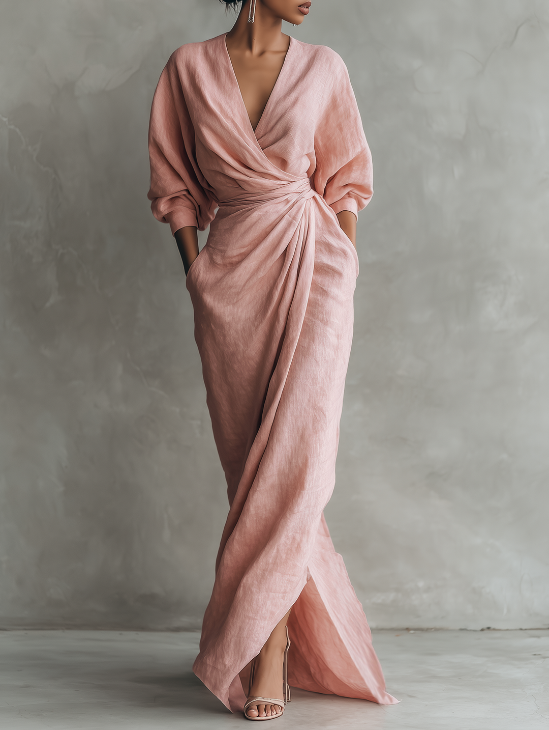 Linen Maxi Dress Women V-Neck Relaxed Pink Summer