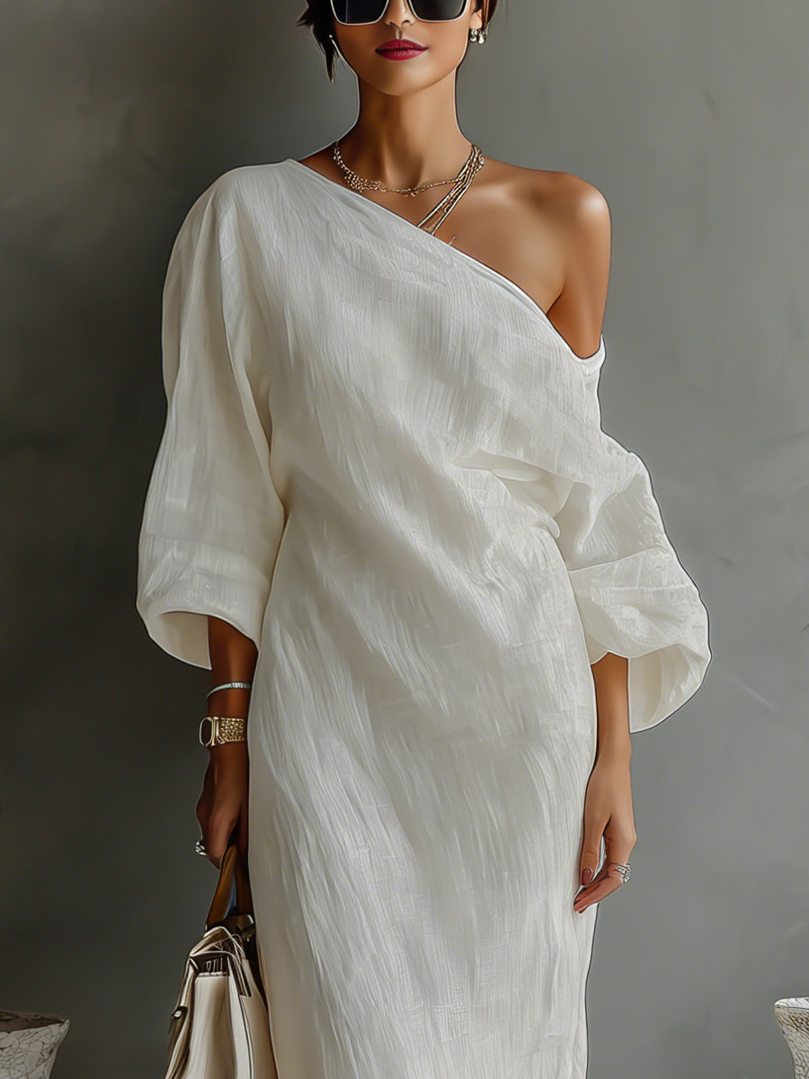 One Shoulder Maxi Dress Women Linen Ivory Elegant