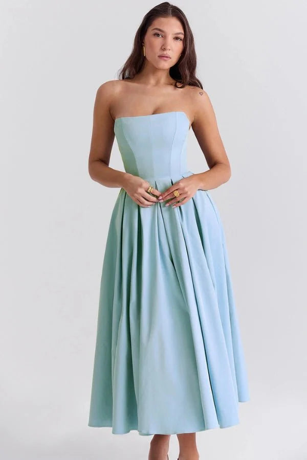 Strapless Corset Midi Dress Pleated Skirt