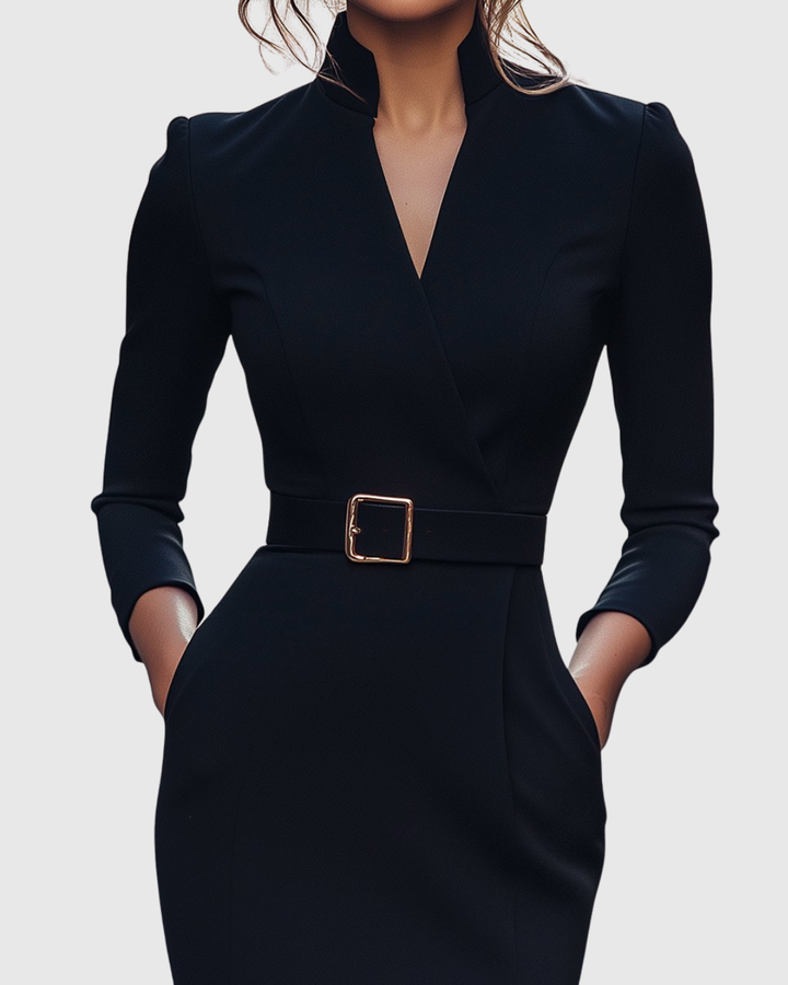 Pencil Midi Dress Women Belted Mock Wrap Pockets