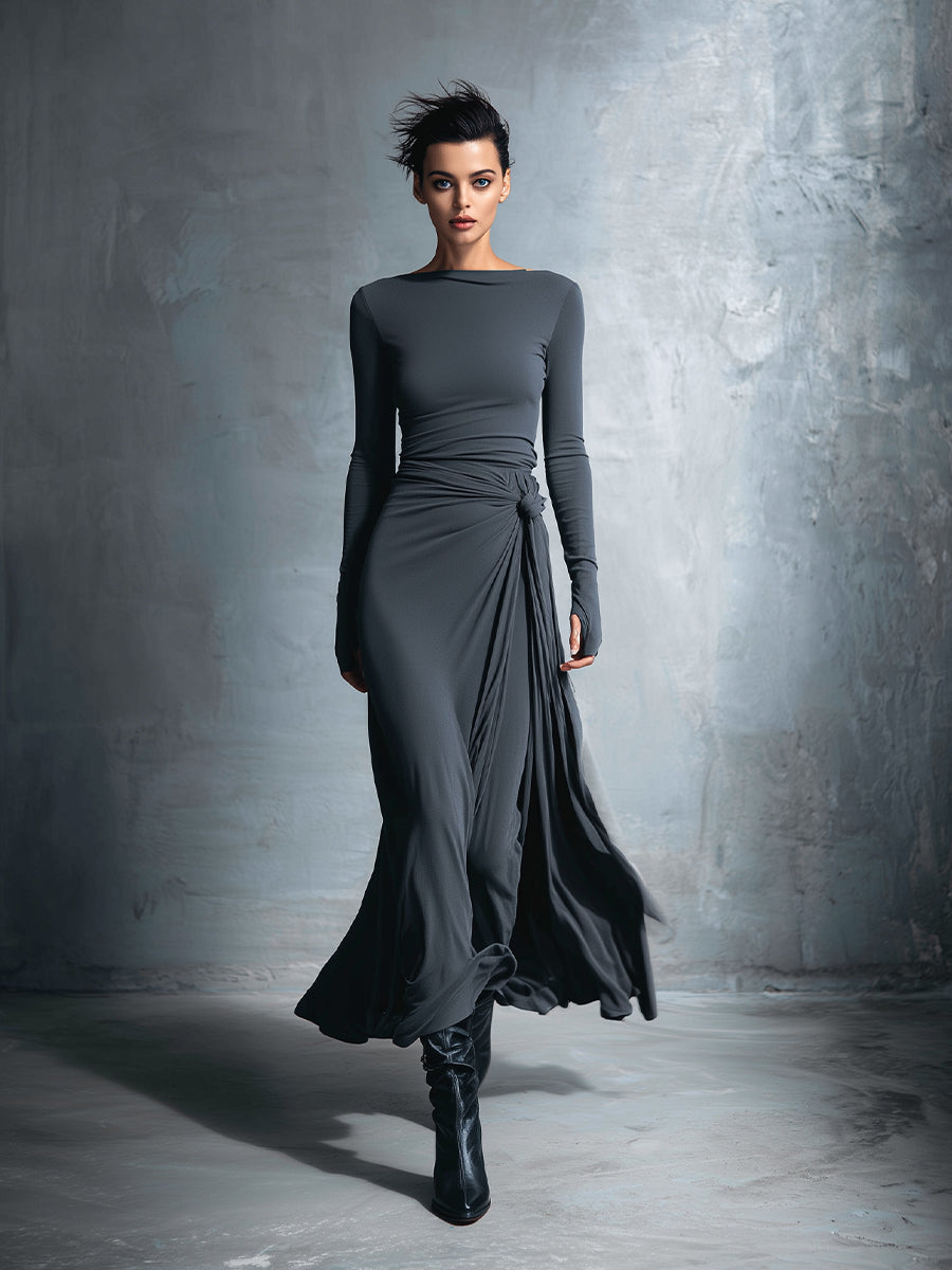 Wrap Maxi Dress Women V-Neck Knot Detail Sleeveless Grey
