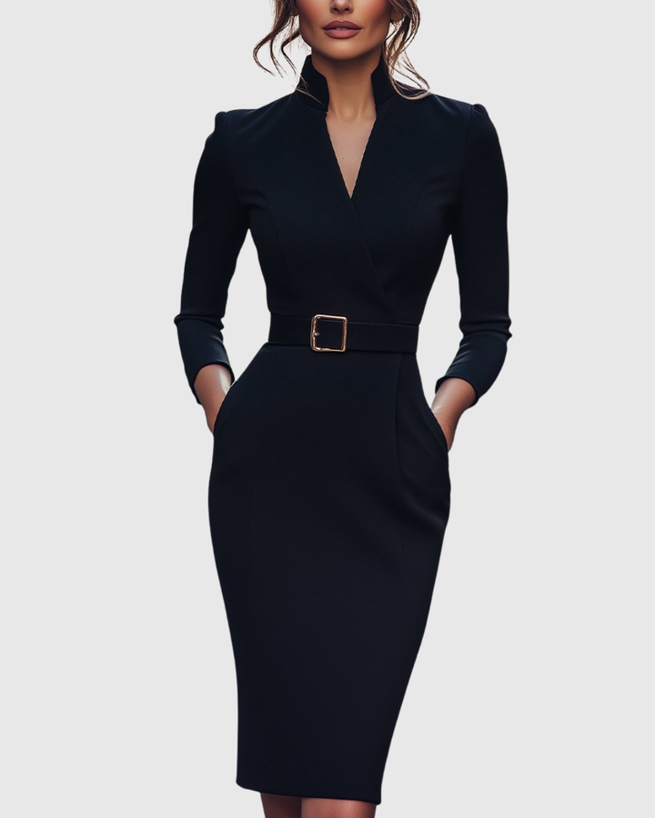 Pencil Midi Dress Women Belted Mock Wrap Pockets