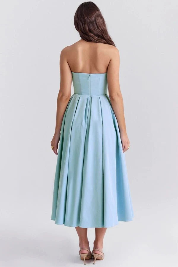 Strapless Corset Midi Dress Pleated Skirt