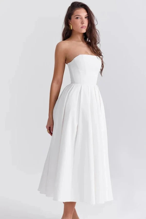 Strapless Corset Midi Dress Pleated Skirt