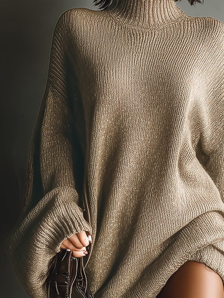 Knit Mini Dress Women Crew Neck Vintage Caramel Brown