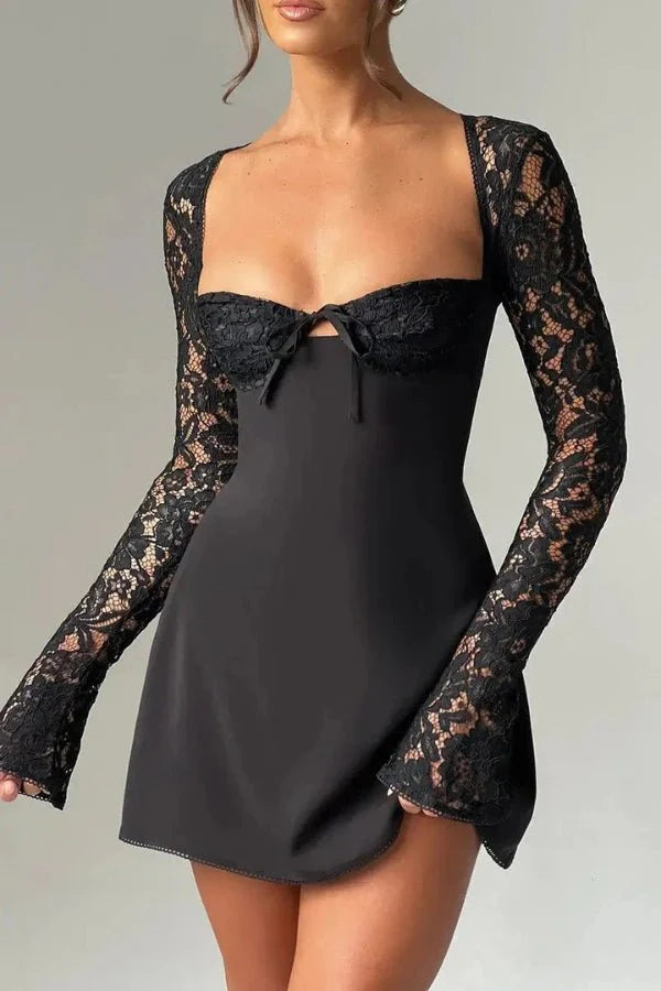 Lace Bodycon Mini Dress Flared Sleeve Women