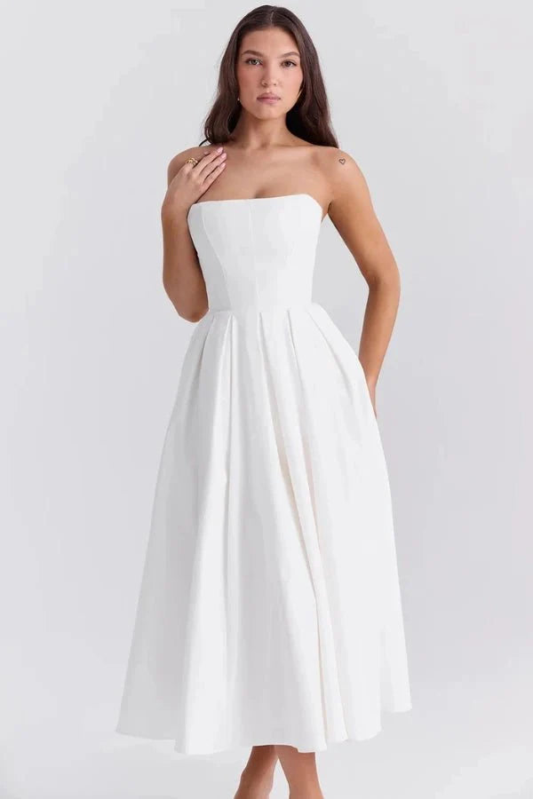 Strapless Corset Midi Dress Pleated Skirt