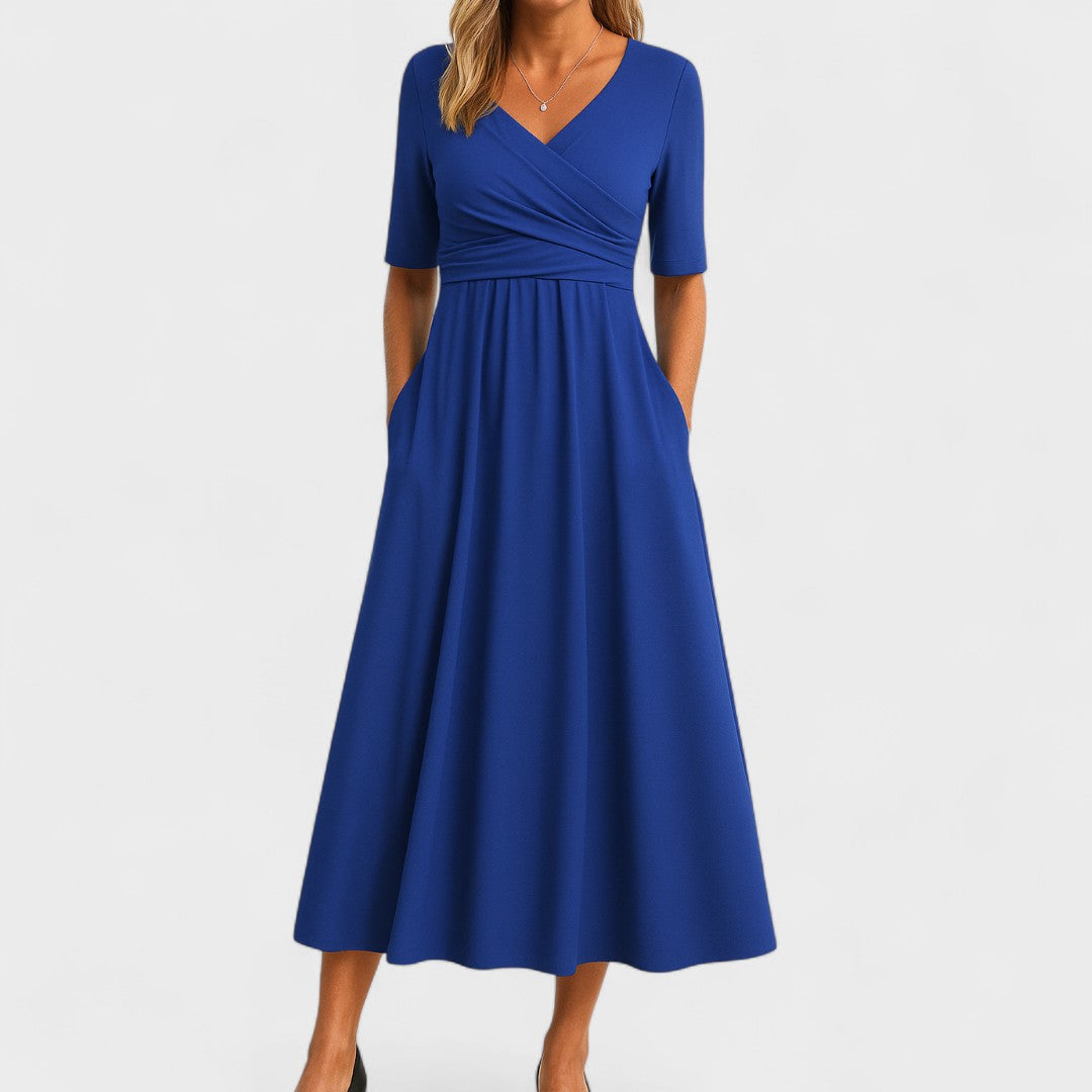 Wrap Midi Dress Women V-Neck Pleated Pockets Elbow Sleeve