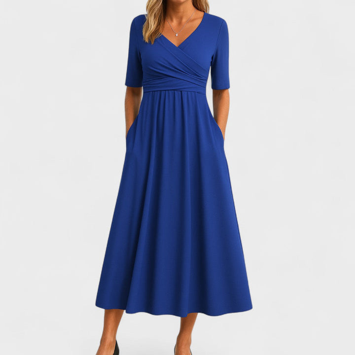 Wrap Midi Dress Women V-Neck Pleated Pockets Elbow Sleeve