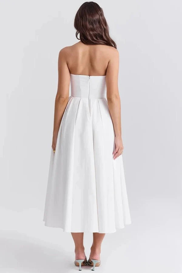 Strapless Corset Midi Dress Pleated Skirt