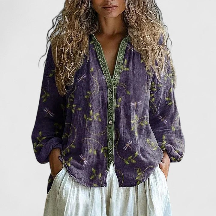 Printed Blouse Women Retro Leaf Relaxed Casual Elegant