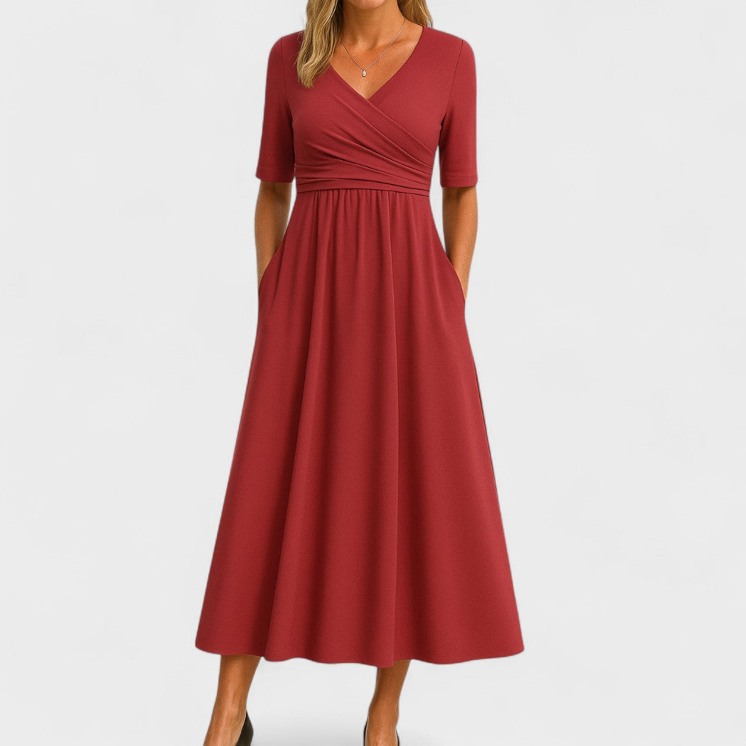 Wrap Midi Dress Women V-Neck Pleated Pockets Elbow Sleeve