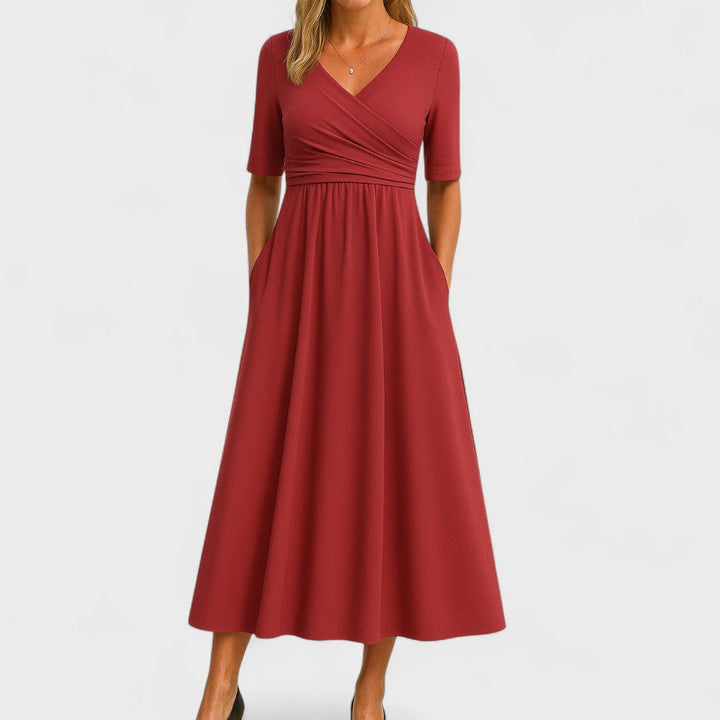 Wrap Midi Dress Women V-Neck Pleated Pockets Elbow Sleeve