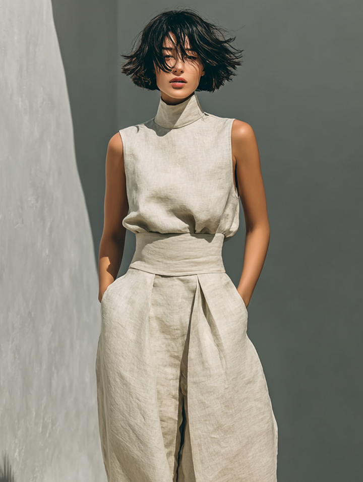 Linen Two-Piece Set Women Sleeveless Blouse Wide Leg