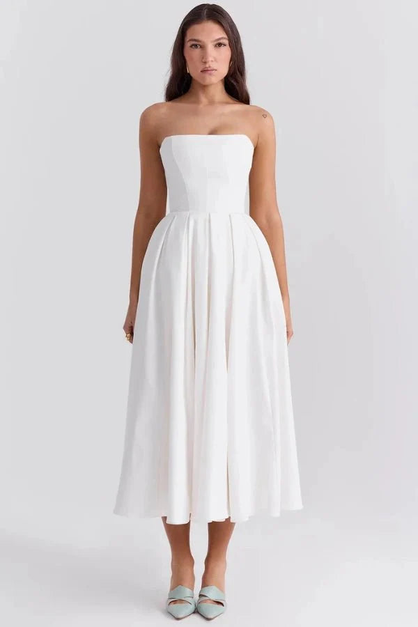 Strapless Corset Midi Dress Pleated Skirt