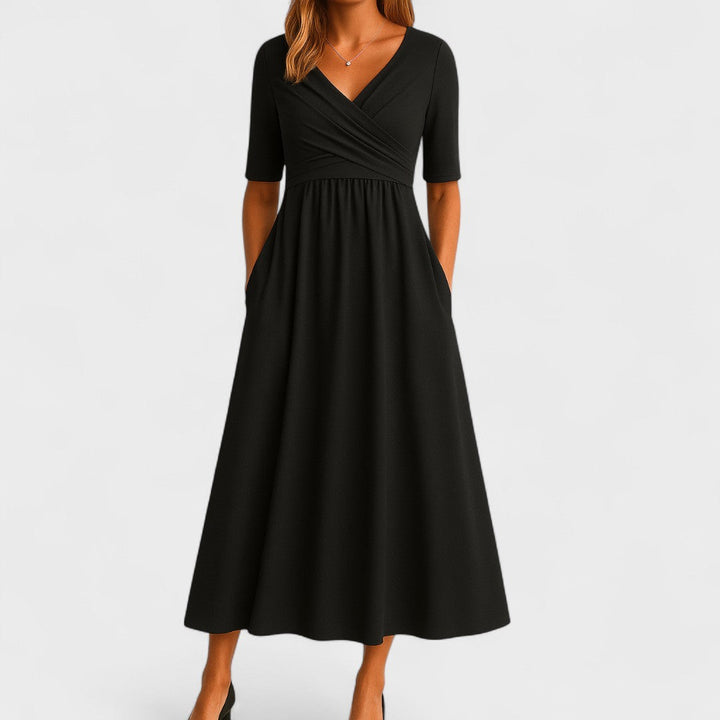 Wrap Midi Dress Women V-Neck Pleated Pockets Elbow Sleeve