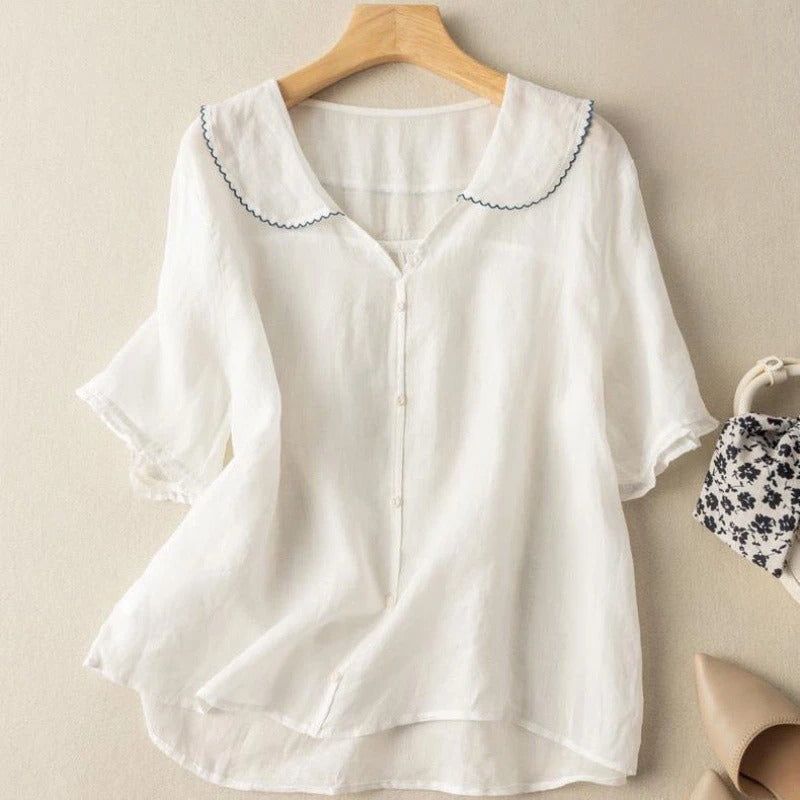 Vintage Blouse Women Scalloped Collar Loose Airy Elegant Casual