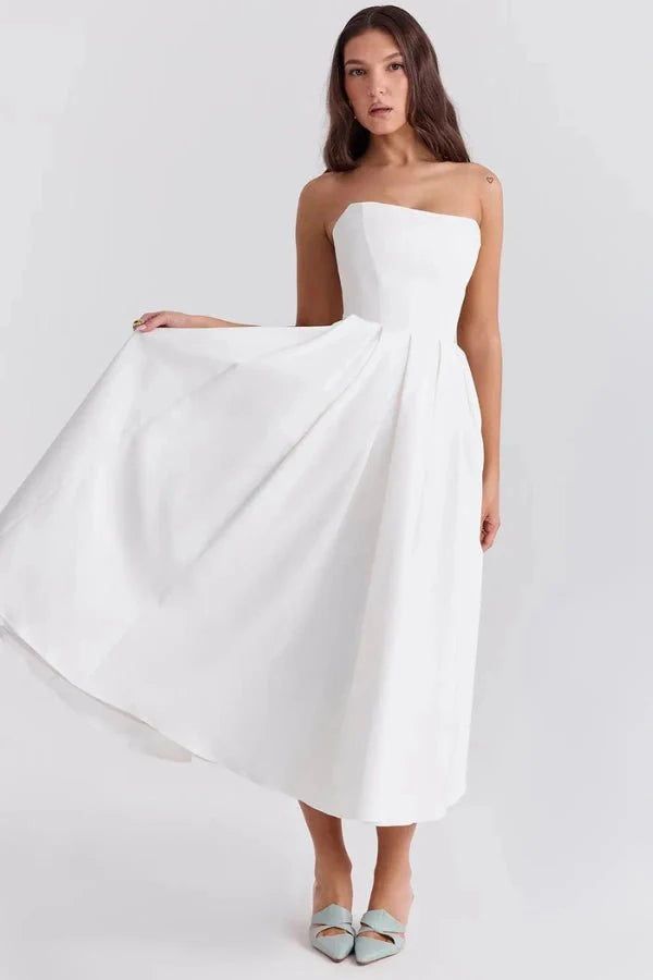 Strapless Corset Midi Dress Pleated Skirt