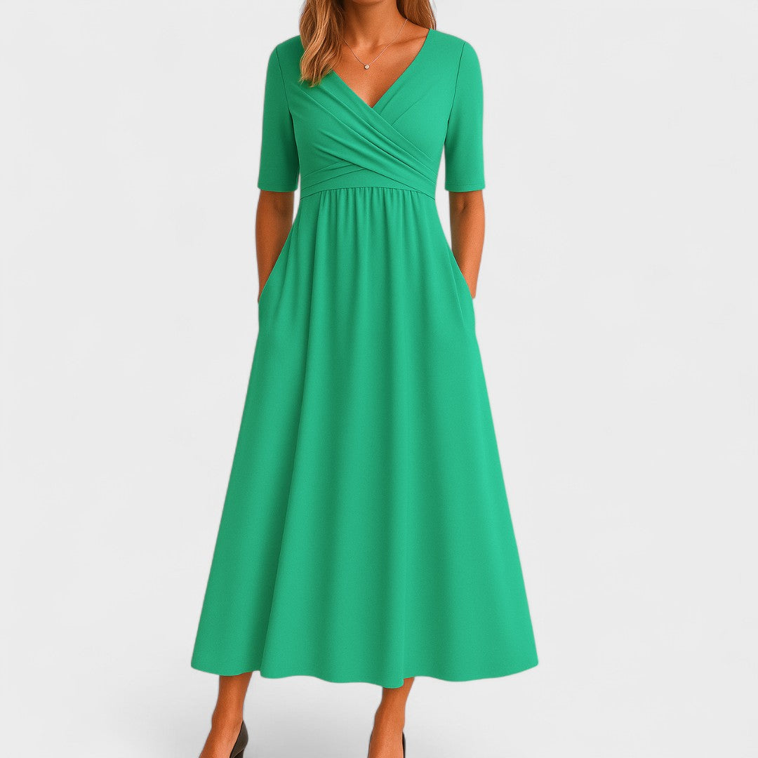 Wrap Midi Dress Women V-Neck Pleated Pockets Elbow Sleeve