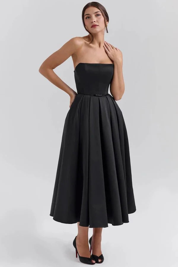 Strapless Corset Midi Dress Pleated Skirt