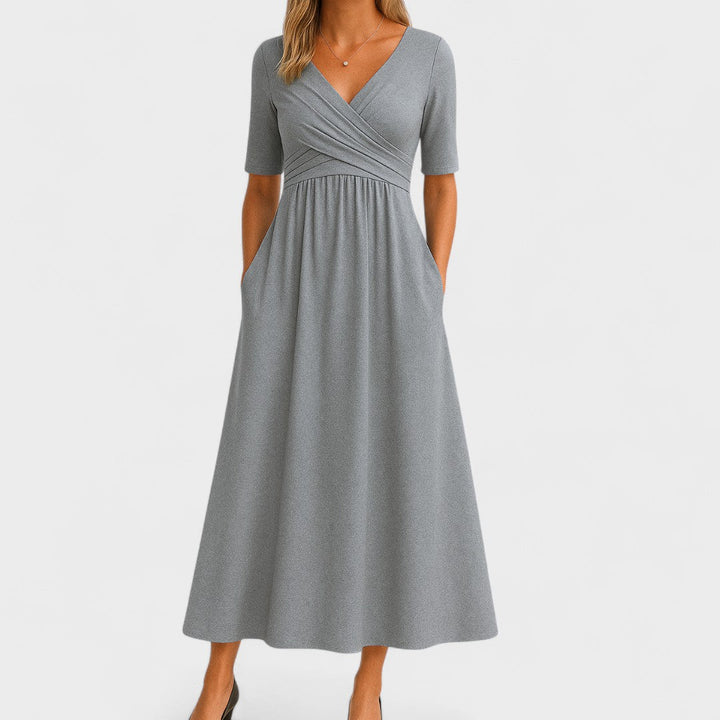Wrap Midi Dress Women V-Neck Pleated Pockets Elbow Sleeve