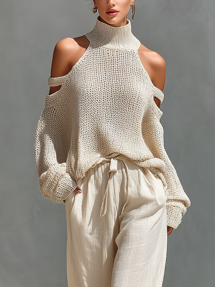Knit Two-Piece Set Women Cold Shoulder Turtleneck Beige