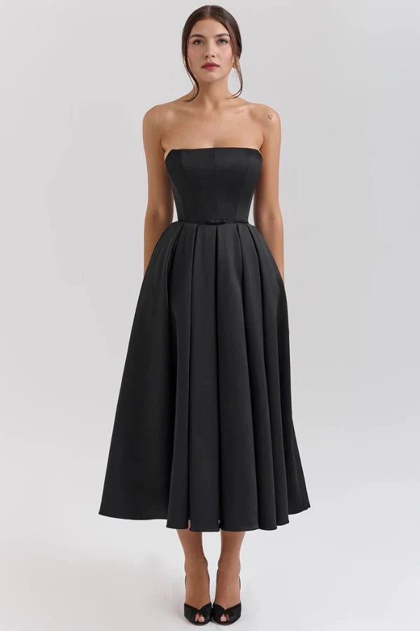 Strapless Corset Midi Dress Pleated Skirt