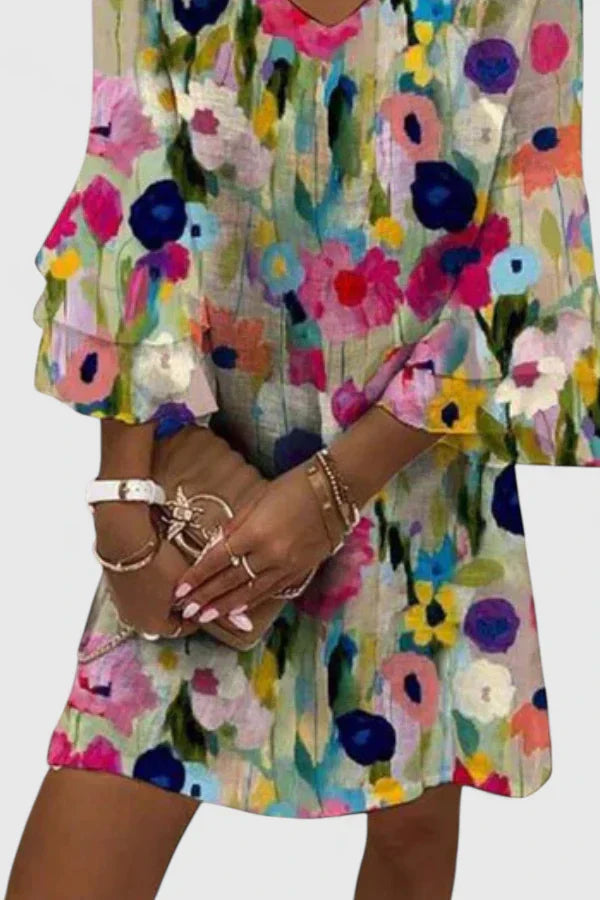 Floral Mini Dress Women V-Neck Elegant Comfortable