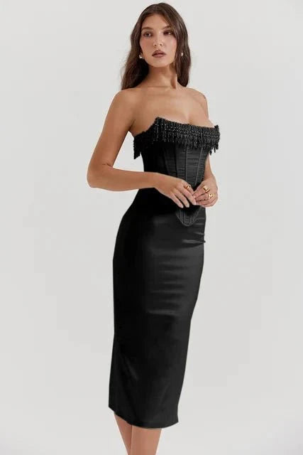Strapless Pearl Beaded Satin Dress Lace-Up